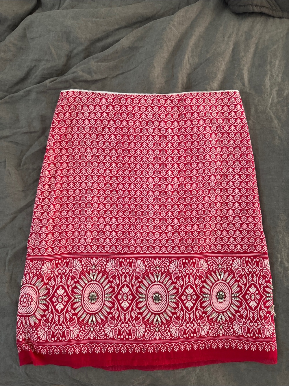 Elie Tahari Red & White Beaded Cotton A-Line Skirt